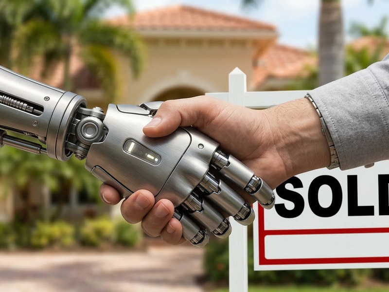 Robot and human shaking hands in front of a sold home