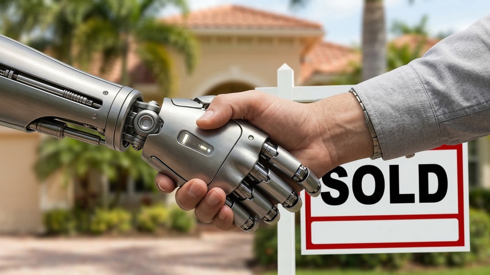 Robot and human shaking hands in front of a sold home
